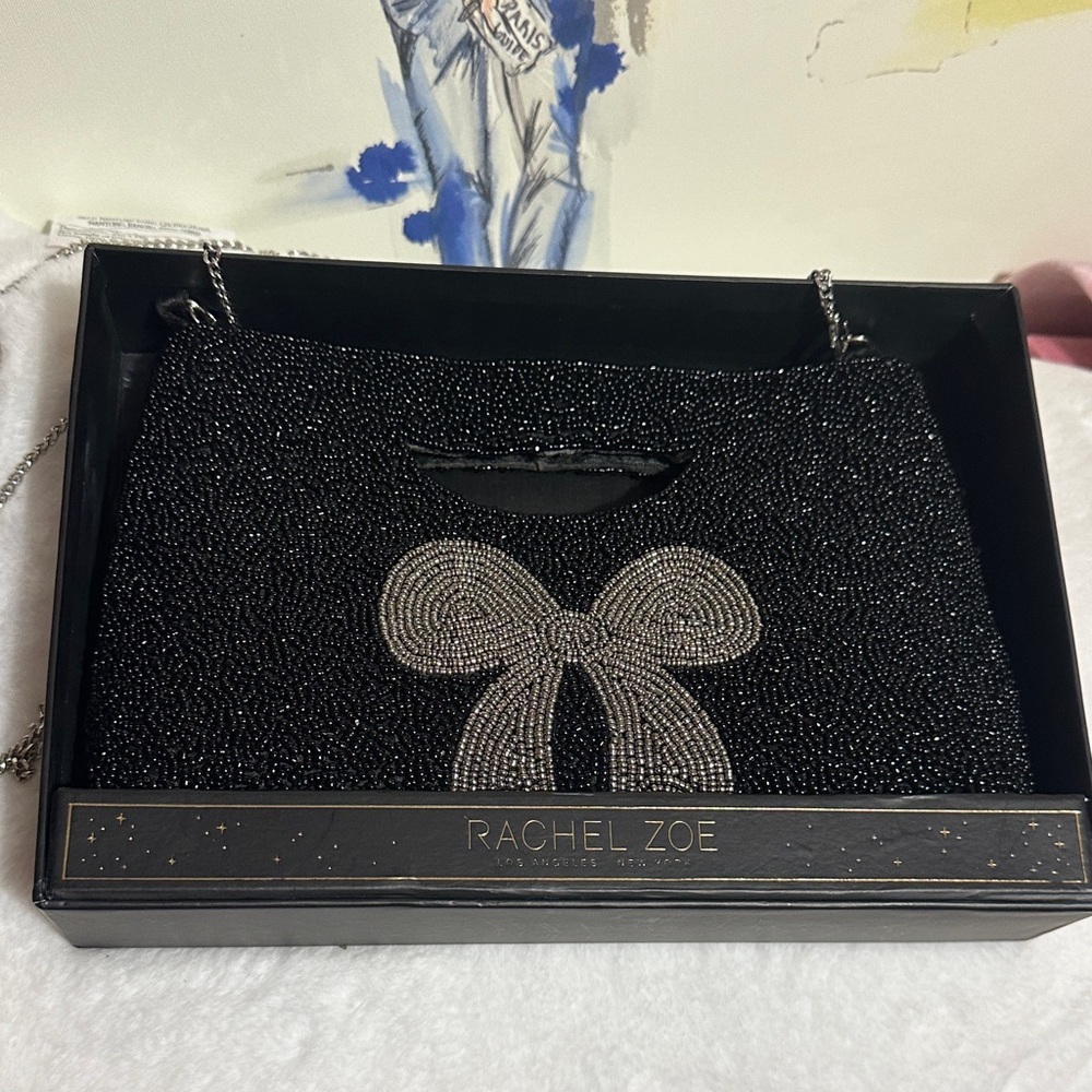 Rachel Zoe black with silver bow beaded clutch with silver chain crossbody